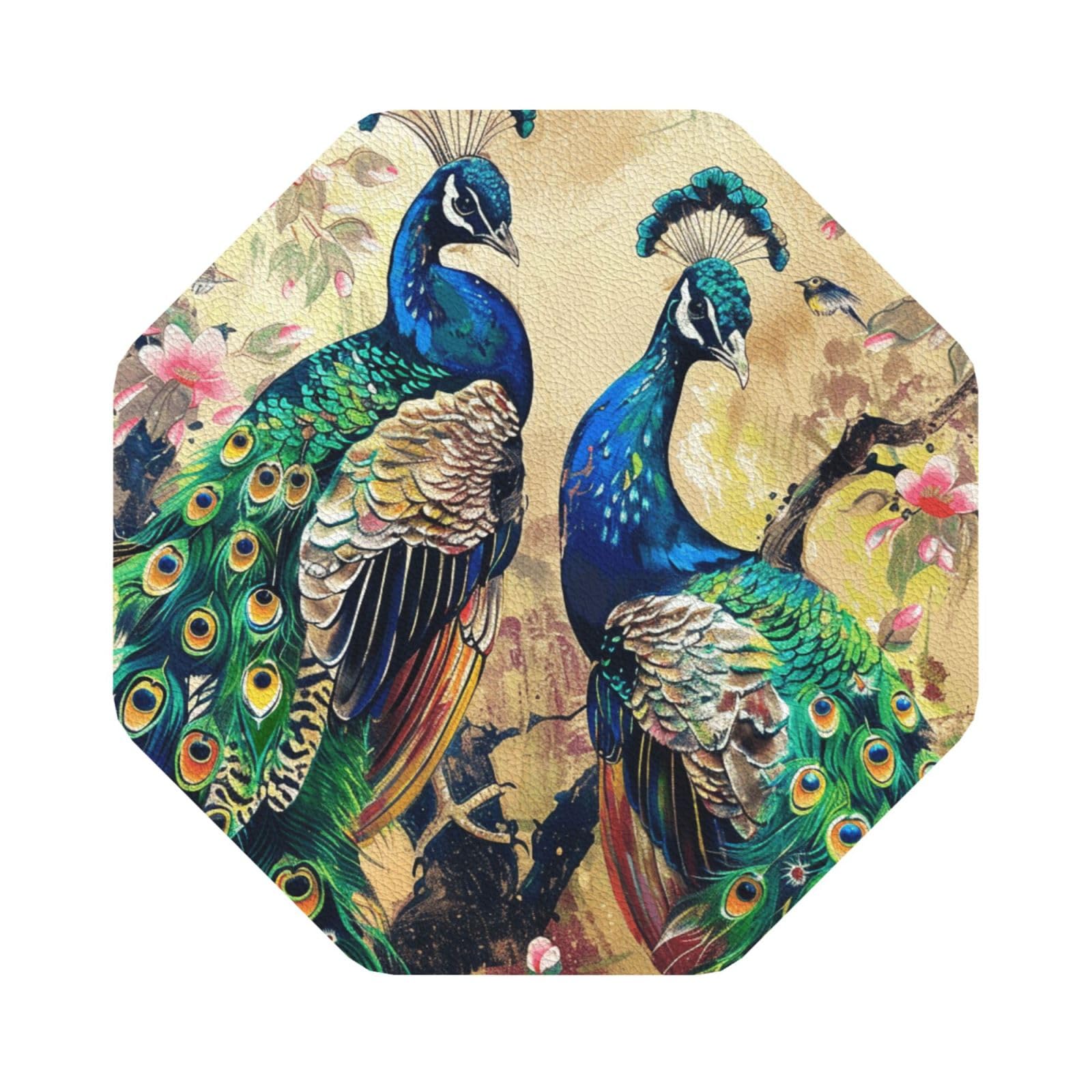 Peacocks Print Leather Coaster Set of 6, Octagon Coasters Table Decorative Coffee Cup Beverage Coasters Wine Beer Bar Coasters for Hot Drinks Table Protection