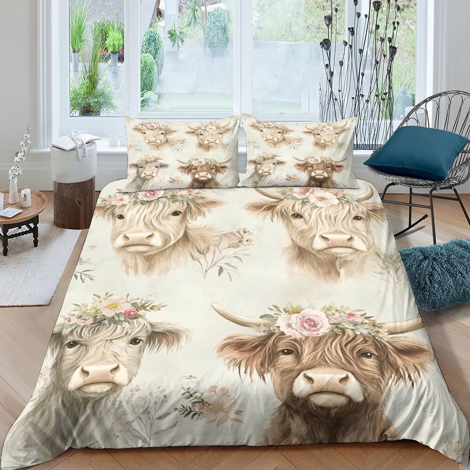 Ctjqhvkz Style-5 3D Printed Highland Cow Fitted Sheet Microfiber Non Slip Floral Pastoral Bed Cover For Bedroom Guest Room Decor Single（135X200cm）