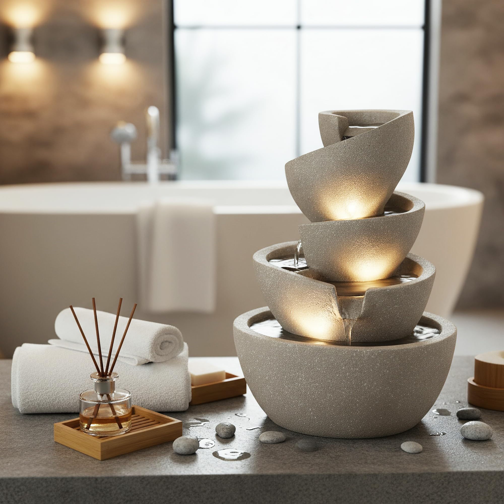 LED Zimmerbrunnen Springbrunnen Innen- & Außenbrunnen aus Polyresin, 39 cm hoch, mit warmweißen LED-Spots, Gartenbrunnen – Deko Brunnen für Wohnzimmer, Büro & Garten