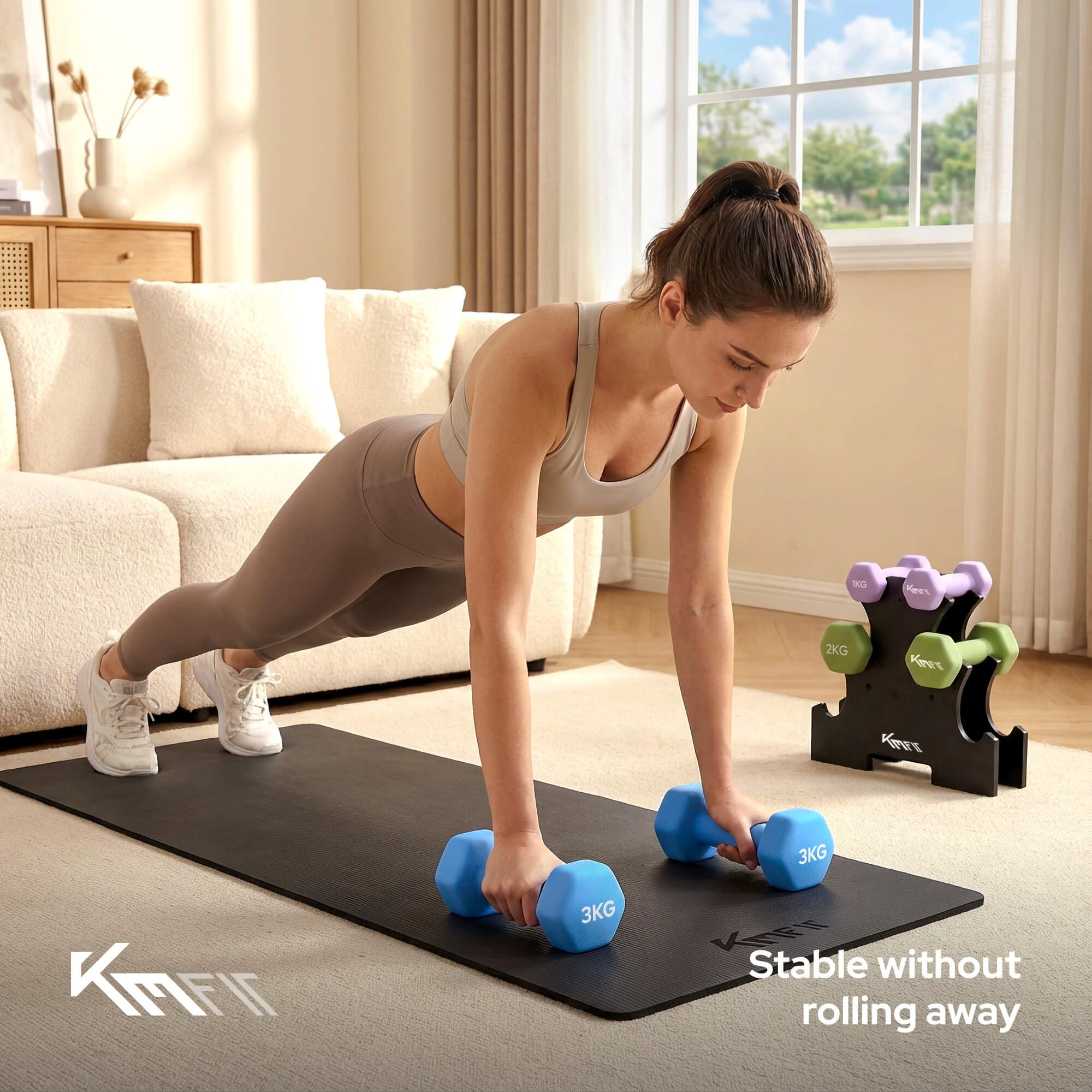 KM-Fit zestaw hantli 12 kg ze stojakiem | Hantle neoprenowe 1–3 kg | Żeliwo z ergonomicznym uchwytem | Odporne na toczenie | Fitness i trening siłowy w domu