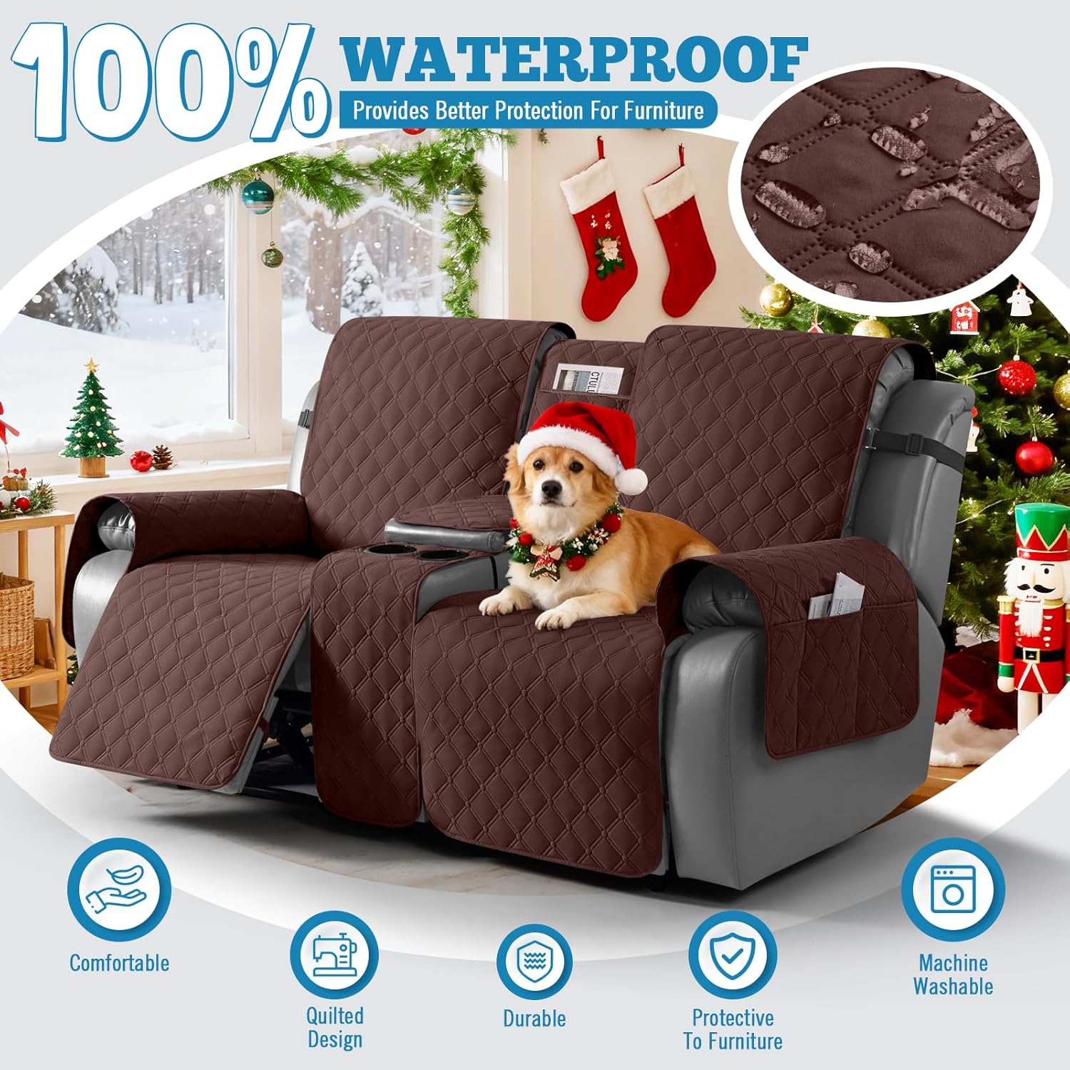 TAOCOCO 100% Waterproof Loveseat Recliner Cover with Center Console, Reversible Reclining Couch Cover for 2 Seats with Leg Straps, Washable Split Sofa Cover Protector for Pets Kids (Coffee)