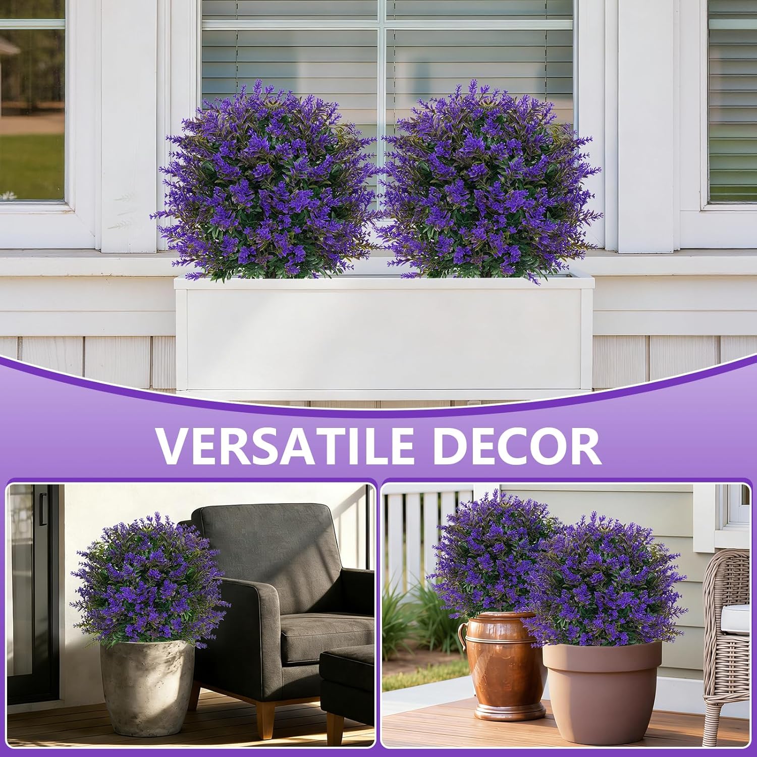 Artificial Lavender Topiary Ball for Outdoors, Set of 2 Boxwood Plant Tree with Spike, Fake Shrubs UV Resistant Faux Plants for Indoor Outdoor Decor - Image 4