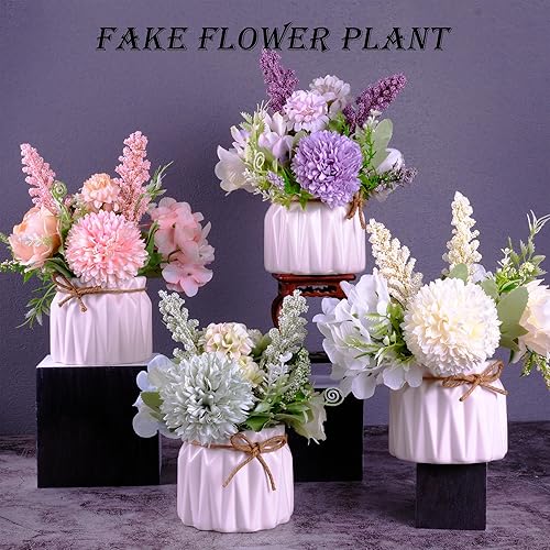 Miniatura 7 de Flores artificiales en maceta blancas, pequeño jarrón de cerámica falsas, decoración de escritorio para interiores para el hogar y la oficina,