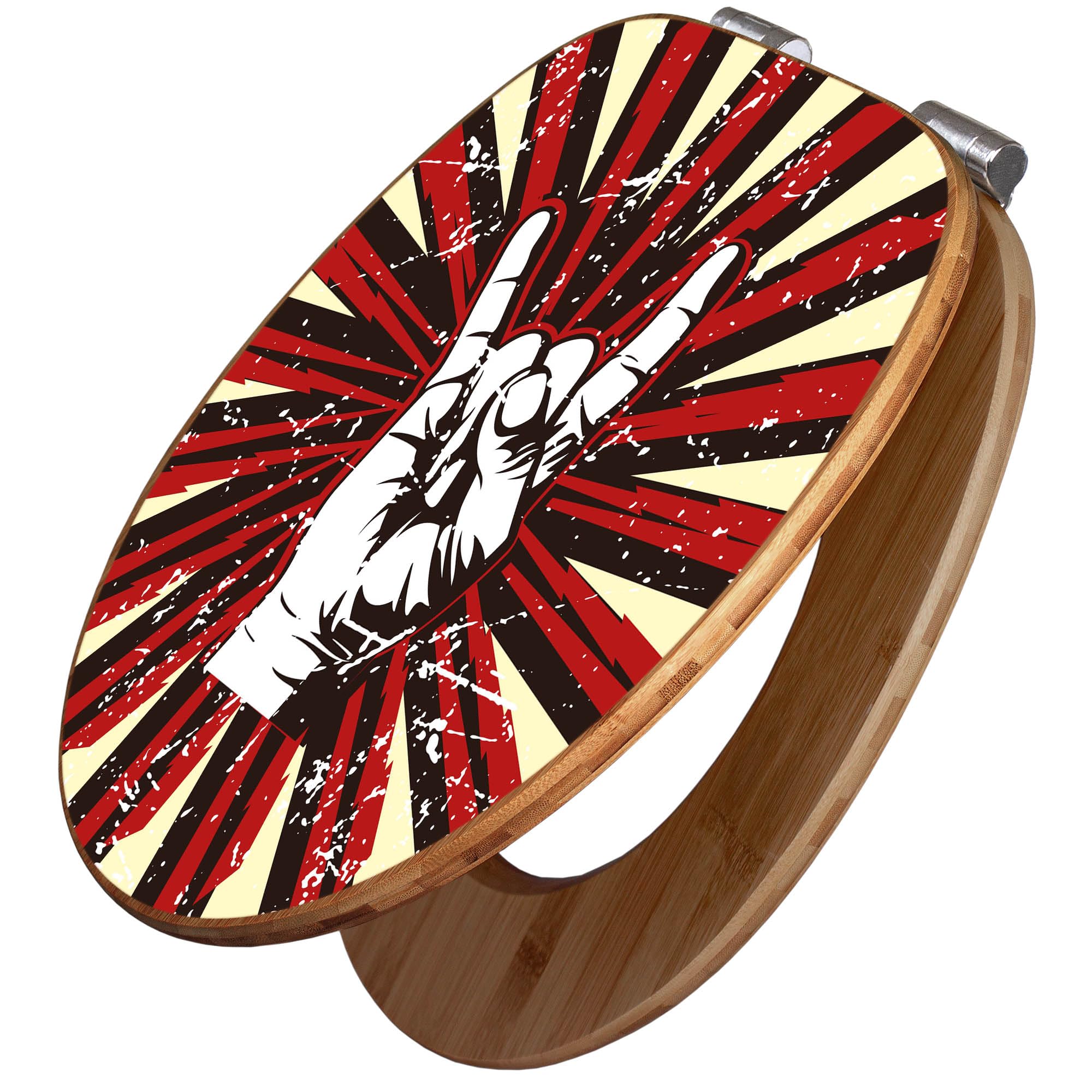 banjado Design WC Sitz Bambus Absenkautomatik 45,8x37,5cm - Toilettendeckel mit Absenkautomatik Holz - hochwertiger Bambus Klodeckel - WC-Sitz für gängigen Toiletten - Motiv Rock On