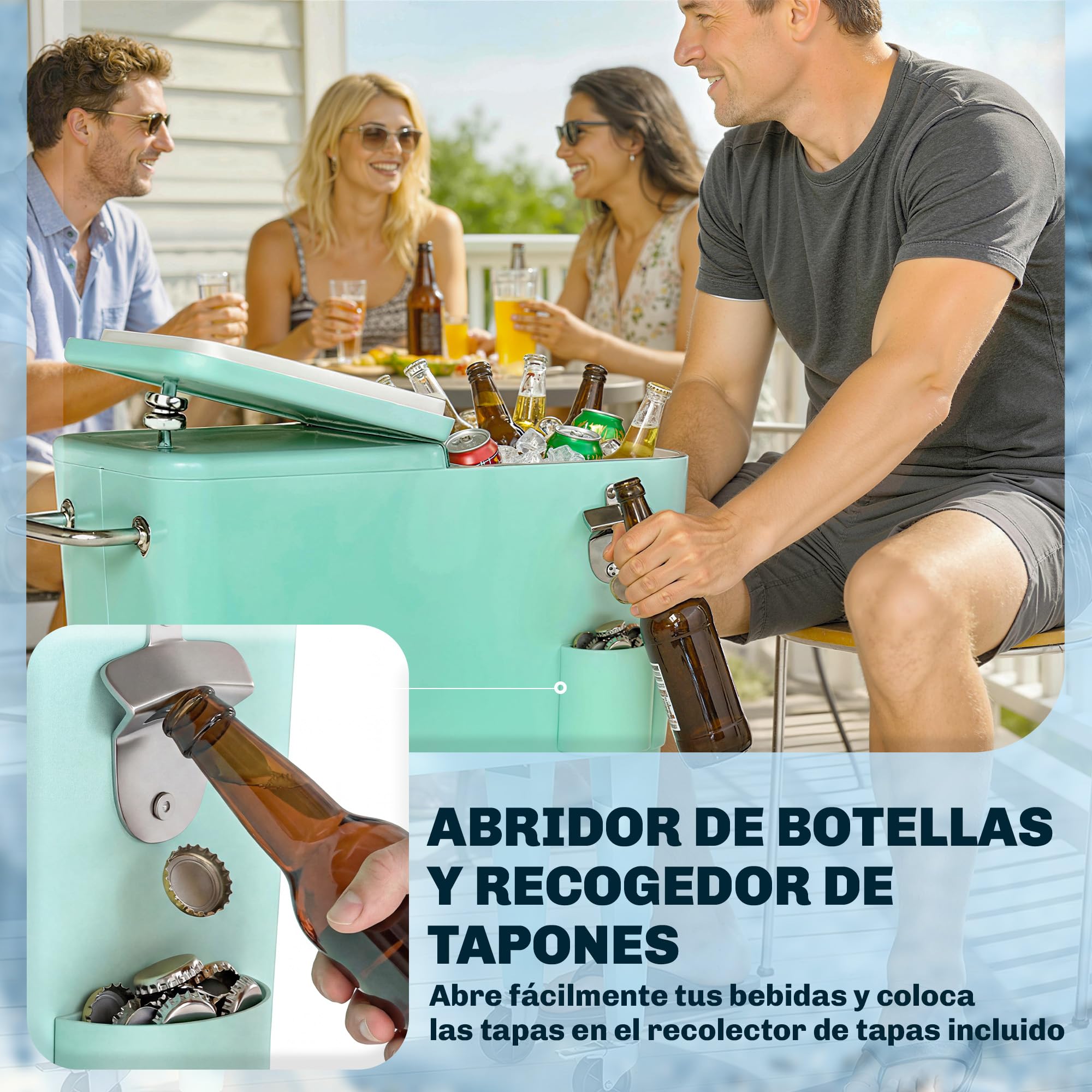 Outsunny Carro de Bebidas Refrigerado 56L con Ruedas, Carro Nevera con Abrebotellas, Recogetapas y Asa, para Patio, Fiesta, Terraza, 75x35x78 cm, Verde Claro