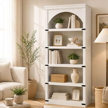 CABIHOME 68.7" Tall Farmhouse Arched Bookcase, 5-Tier Vintage Wood Bookshelf, Rustic Arch Display Storage Cabinet for Living Room, Home Office, White