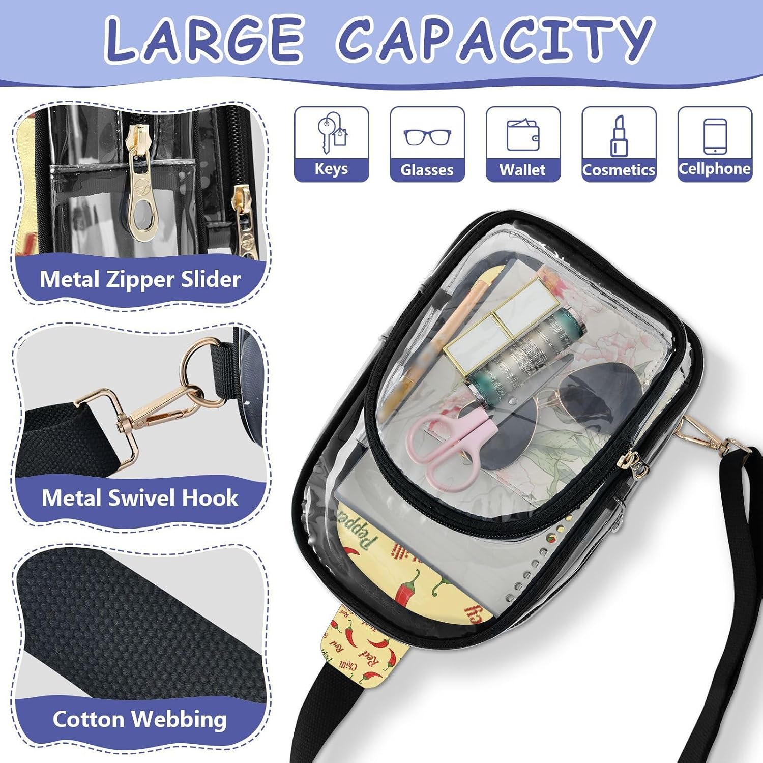 Sinestour Chili Peppers Yellow print Clear Crossbody Bag Stadium Approved, Small Clear Purse for Women, Transparent See Through Sling Backpack for Concerts Travel Sports Events