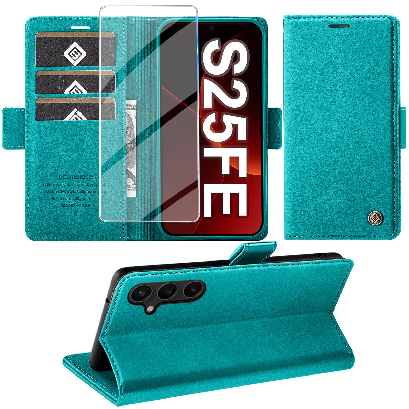 Giyer Handyhülle für Samsung Galaxy S25 FE Hülle mit Schutzfolie, Schutzhülle PU Leder Wallet Flip Case Standfunktion Kartenfach Stoßfest Klapphülle für Samsung S25 FE 5G Cover Tasche (Cyan)