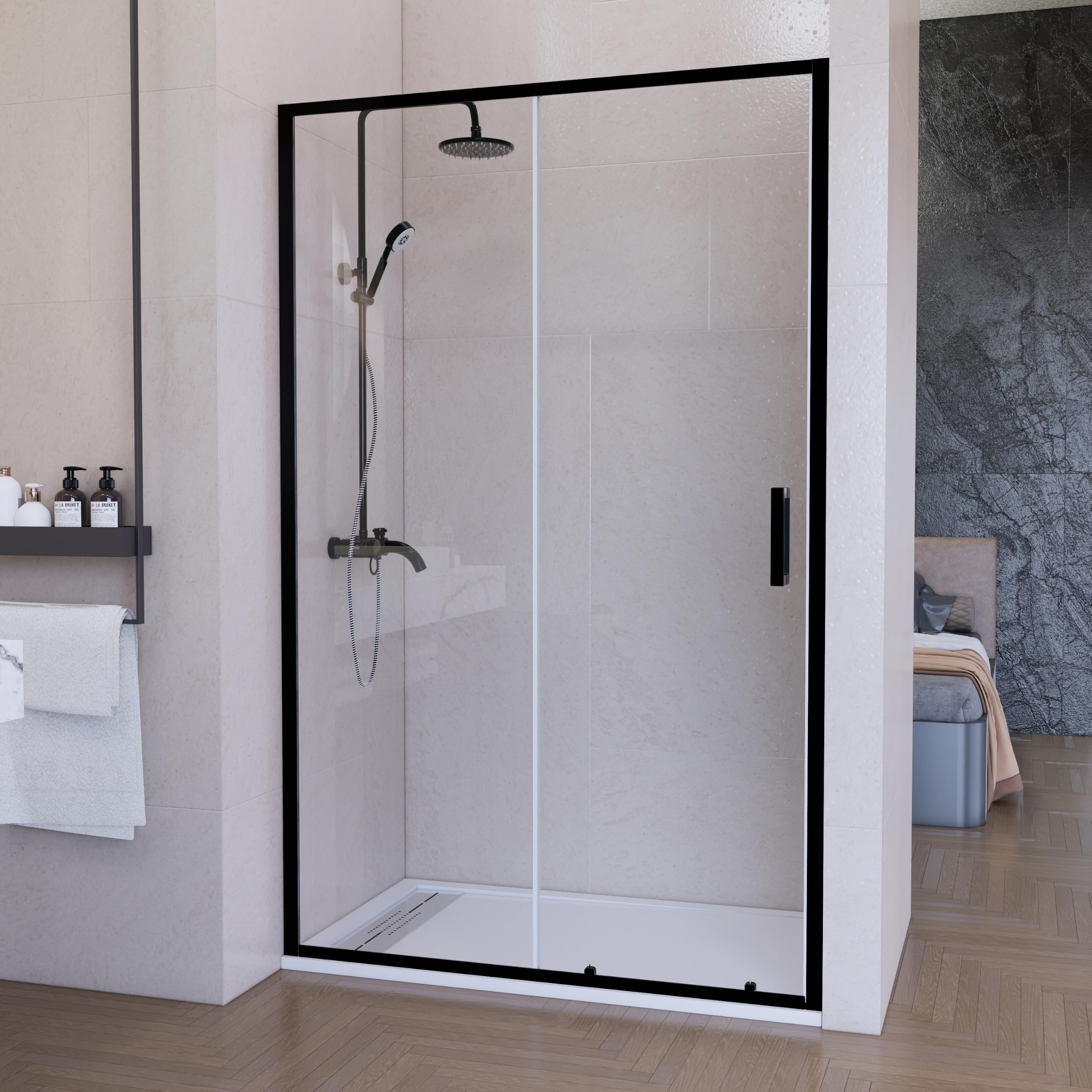 Mampara de ducha frontal corredera 135 cm 1 puerta + 1 fijo Negro mate Cristal transparente 6 mm con perfil inferior 195 cm altura