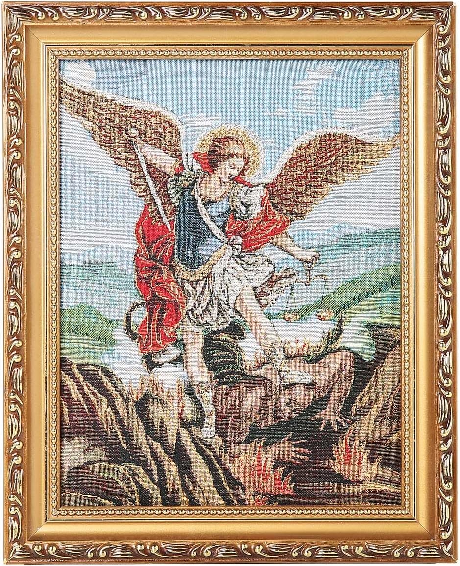 HZMAN St Michael Painting Retro Handmade Weave Holy Archangel Character Picture Poster Wall Tabletop Frames for Living Room Bedroom 10x8 inch