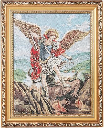 HZMAN Pintura de San Miguel Retro Hecho a Mano Tejido Arcángel Santo Carácter Cuadro Póster Cuadro Marcos de Mesa para Sala de estar Dormitorio 10x8