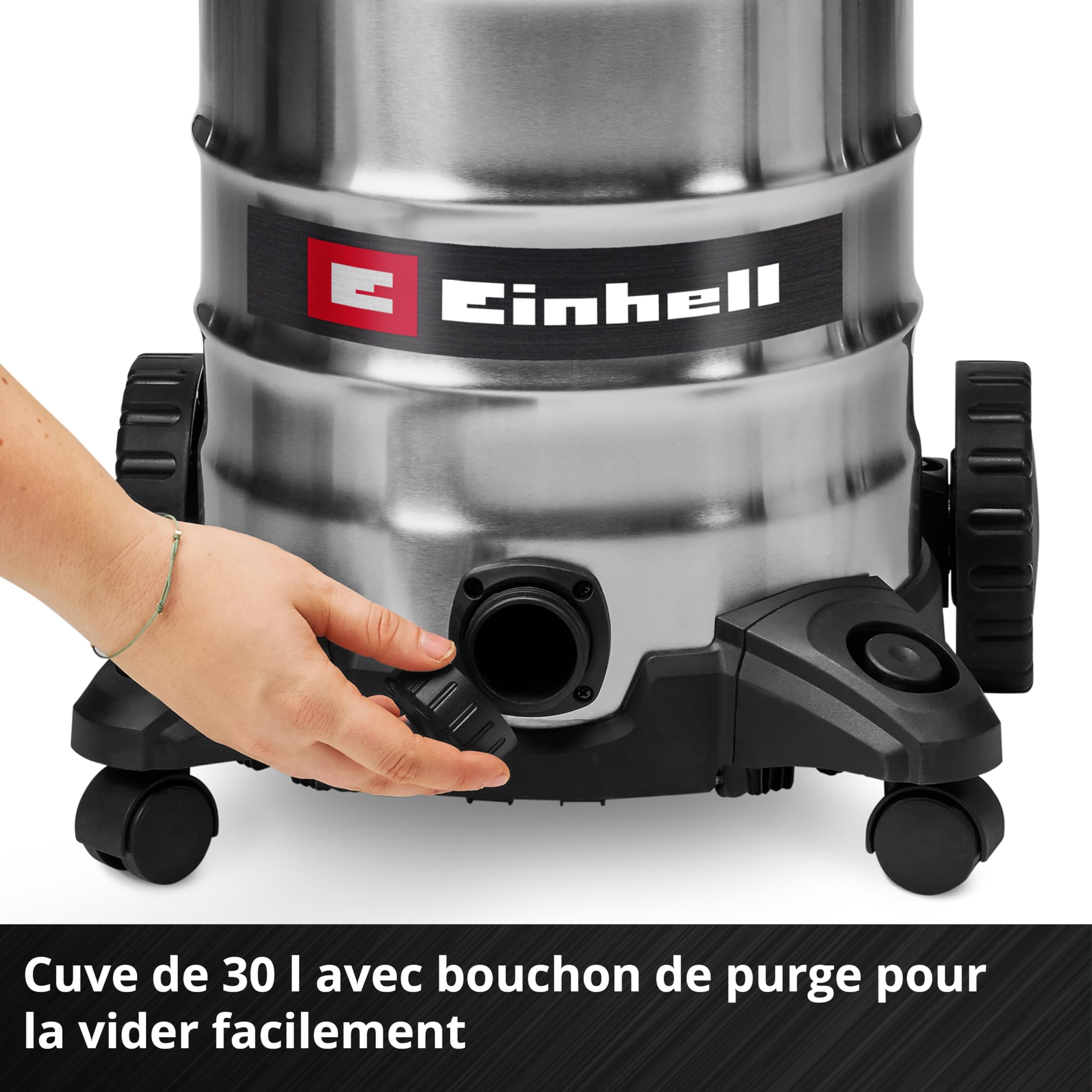 Einhell Aspirateur eaux et poussières TC-VC 3055 SA (900 W, 190 mbar, Prise de Courant asservie, cuve en INOX de 30 l, Roues et roulettes, avec Accessoires, filtres et Sac collecteur de poussière)