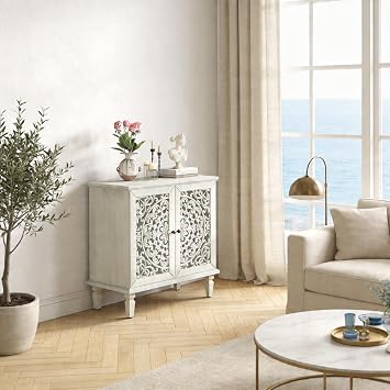 Vintage Hollow-Carved Accent Cabinet, 2-Door Storage Sideboard with Adjustable Shelf & Solid Wood Legs, Antique Grey White for Living Room Entryway