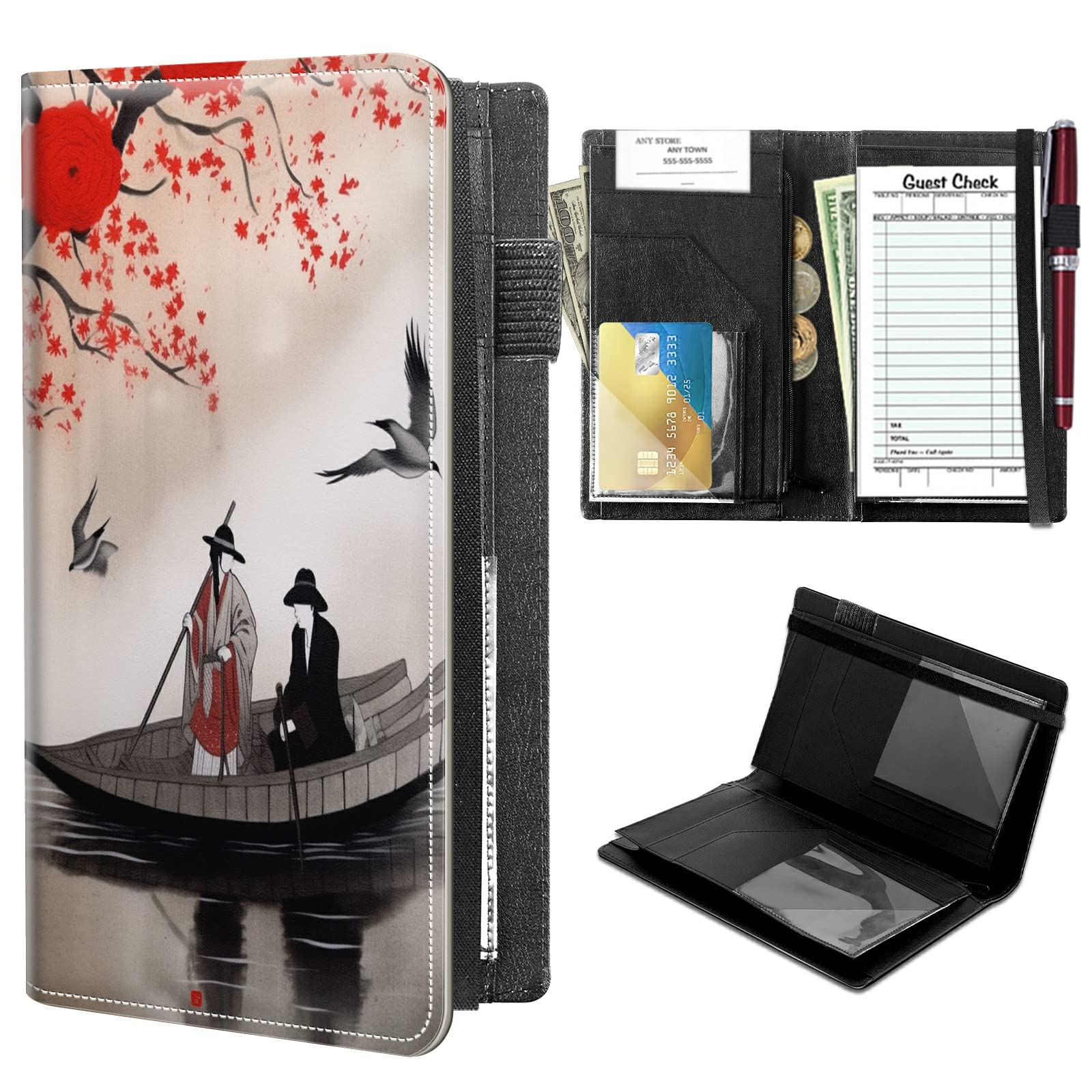 High Volume Server Books, Wash Painting Server Book w/ 2 Expandable Pockets 9 x 5 Cute Waitress Book Zipper Pocket & Strap Closure Waitstaff Organizer Server Booklet Waiter Money Wallet