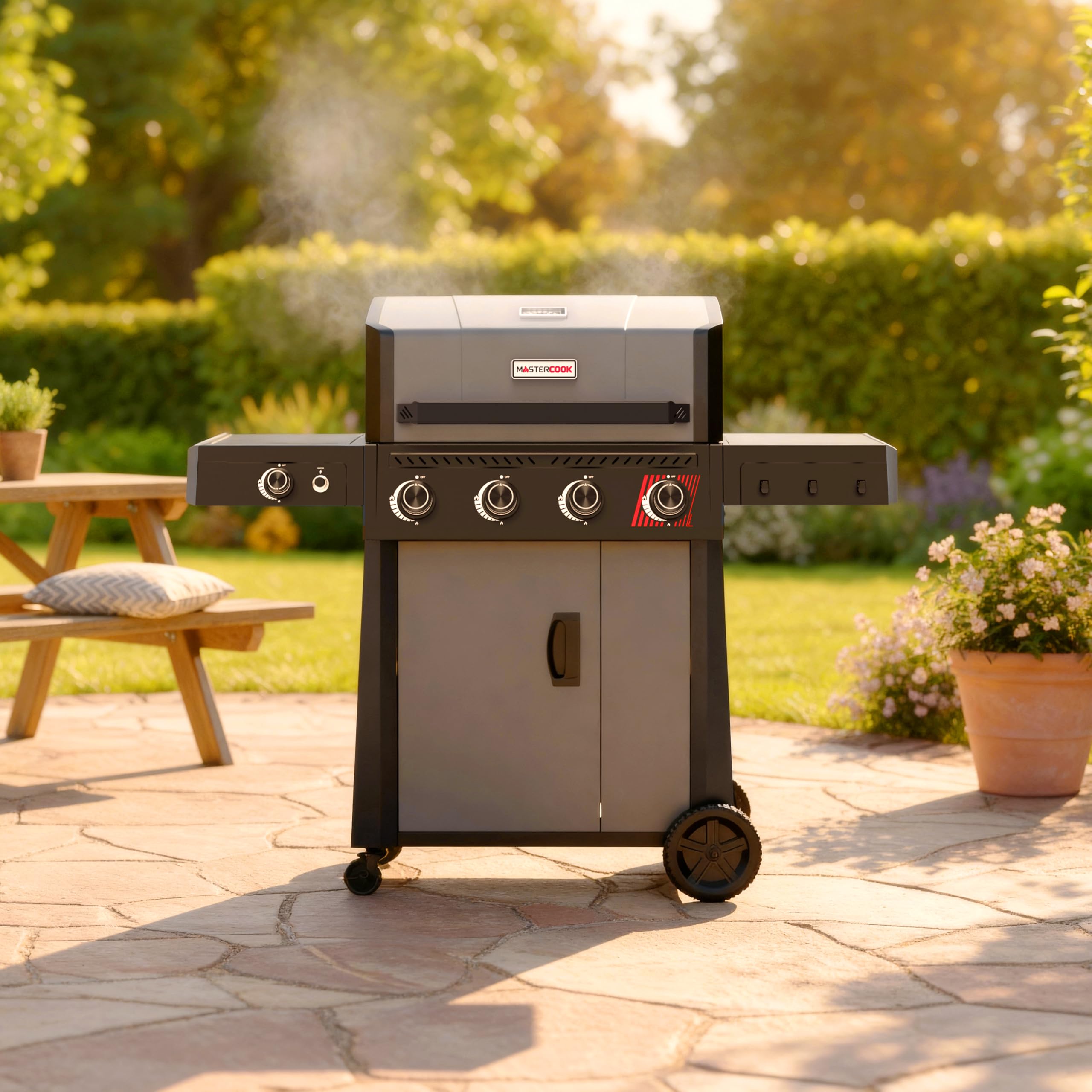MasterCook - Barbecue a Gas 4+1 Fuochi con Griglia in Ghisa e Fornello Laterale, BBQ da Esterno con Coperchio, Tavolini Laterali e Ruote, Accensione a Impulsi, 138x64,7x118,2 cm