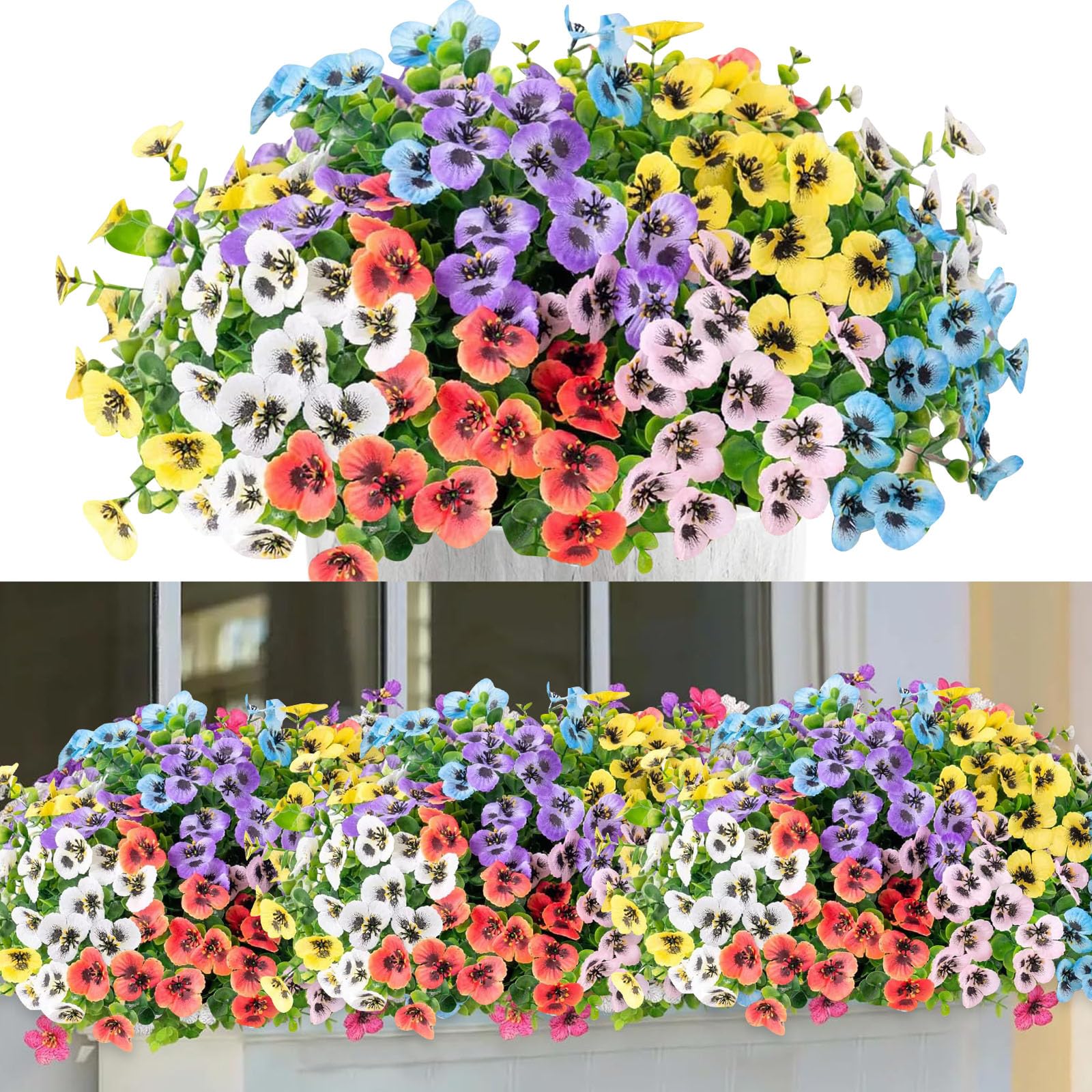 12 Bundles Artificial Flowers, Fake Pansy Flowers Plants Decor, Eucalyptus Artificial Grass Shrubs Bushes, UV Resistant Plastic Floral Fern for Garden Porch Home Balcony Decor