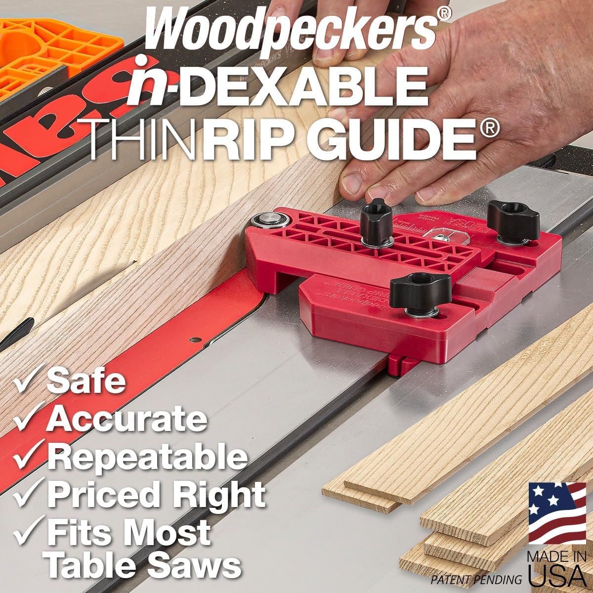 Woodpeckers Indexable ThinRip Guide | USA Made, Incremental Rack For Repeatable 1/32" Adjustments, Thin Tip Jig for Cutting Thin Strips, Tabe Saw Accessory