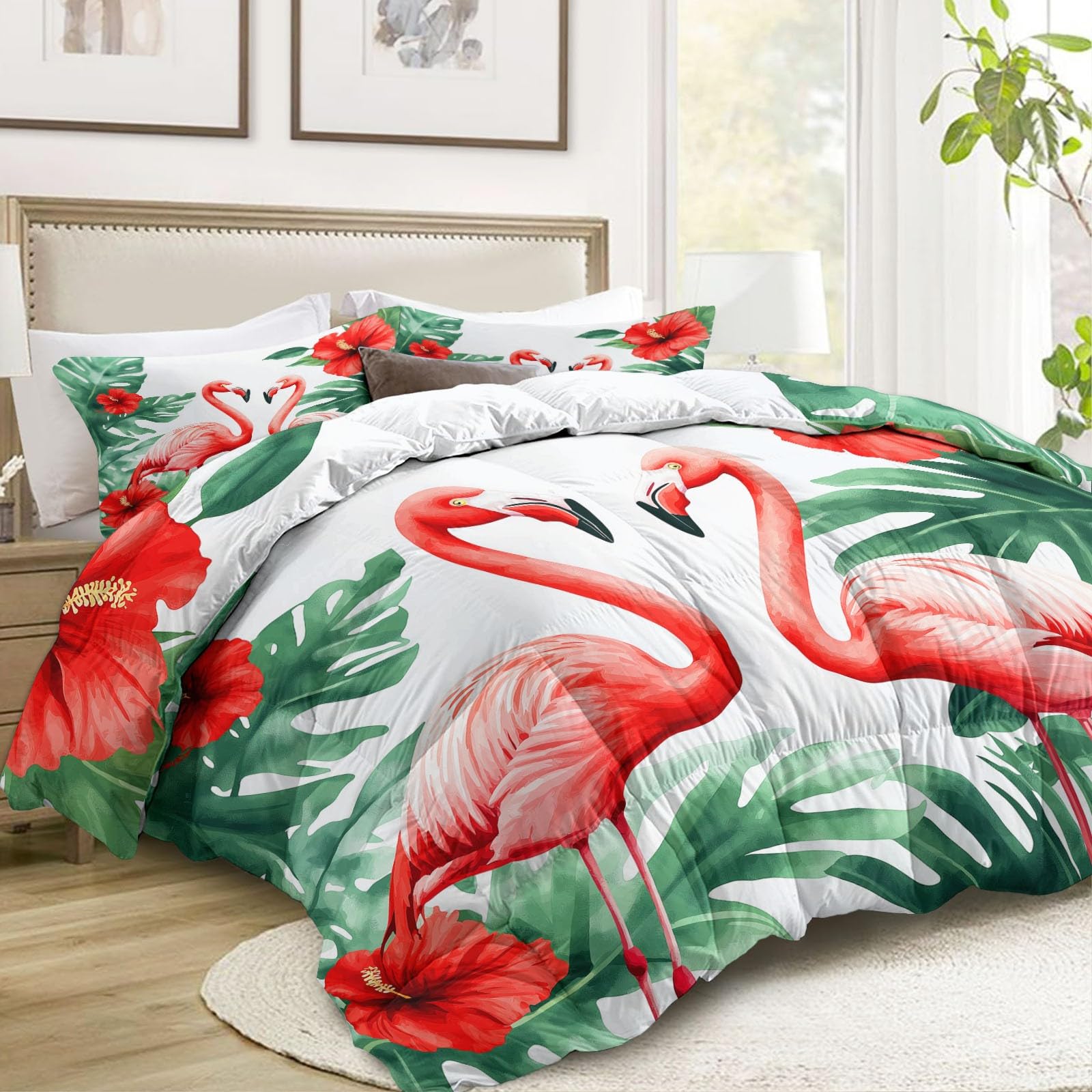 Piumone Invernale Matrimoniale 220 x 240 cm Acquerello Animali Fiori Fenicotteri Trapunta in Ecopiuma 400 gr/mq, Caldo ed Elegante – Biancheria da Letto Anallergica – Set 3 Pezzi, Rosso E Verde