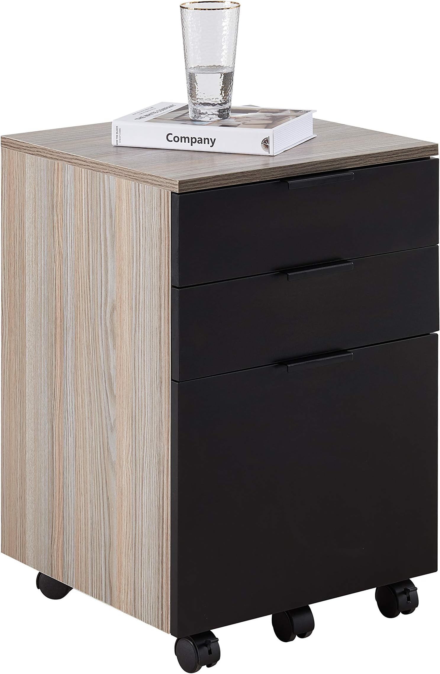 JJS 3 Drawer Rolling Wood File Cabinet with Locking Wheels, Home Office Portable Vertical Mobile Wooden Storage Filing Cabinet for Letter Size, Black