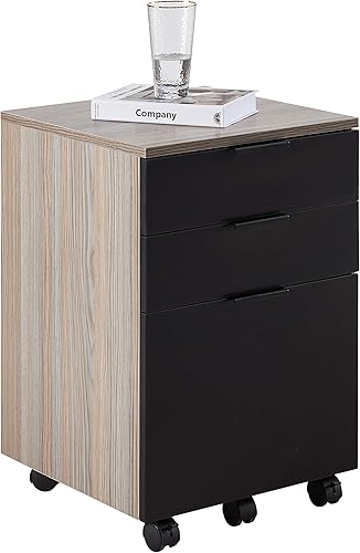 Vista 8 de JJS Archivador de madera con ruedas de bloqueo, 3 cajones con ruedas de bloqueo, gabinete de almacenamiento de madera vertical portátil para oficina