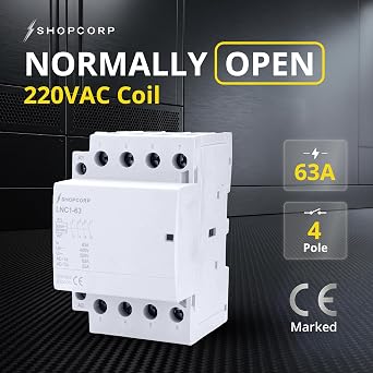 4 Pole Contactor 220V Coil Normally Open 63 amp IEC 400V AC Contactor with 220/240VAC Coil - Motor Load 40A and Lighting Load 60A (Silent Operation) | with Mounting Base for DIN Rail
