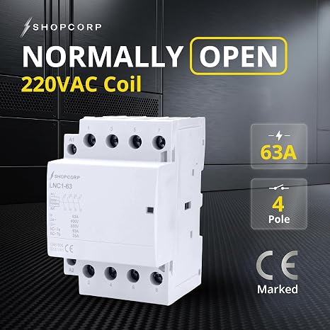 4 Pole Contactor 220V Coil Normally Open 63 amp IEC 400V AC Contactor with 220/240VAC Coil - Motor Load 40A and Lighting Load 60A (Silent Operation) | with Mounting Base for DIN Rail