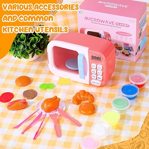 Miniatura 7 de Juego de cocina para microondas con sonido ligero para niños con comida falsa y arcilla de masa de juego de 6 colores, ideal para niños pequeños de
