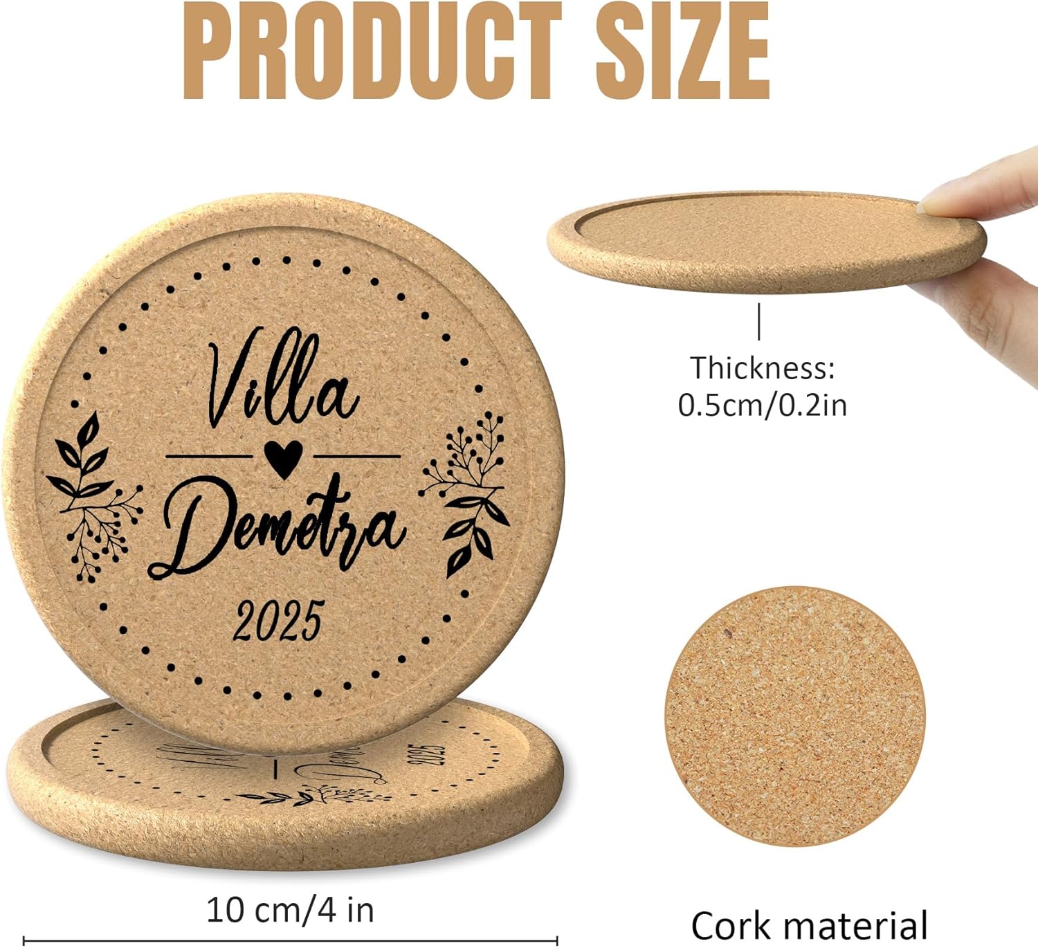 30-100 Pcs Personalized Cork Coasters for Drinks, Round 4 inch, Wedding Favors for Guests, Bulk Custom Coasters with Laser Engraved Text Image or Logo, Non-Slip Heat-Resistant