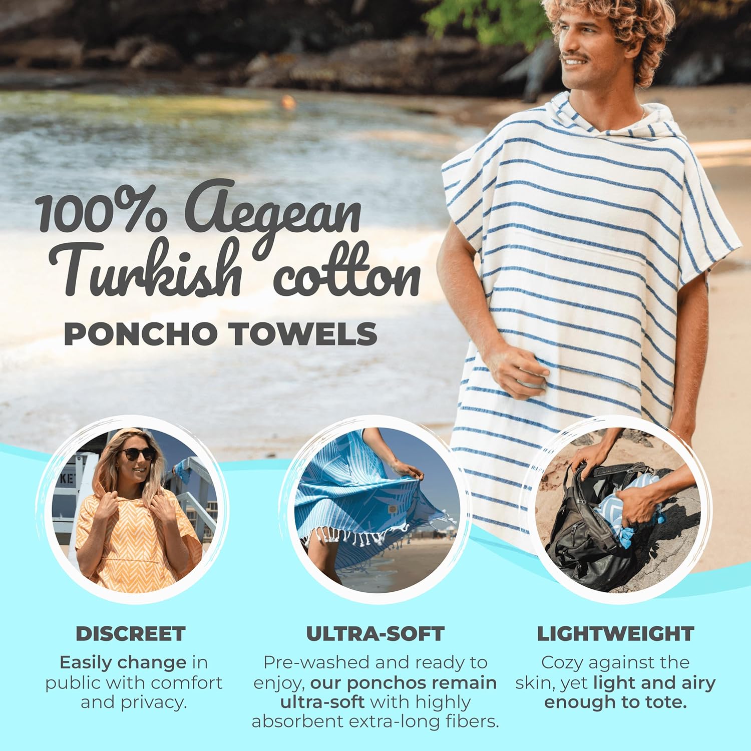Nova Blue Surf Poncho – White & Navy Striped Surf Poncho – Large Adult Hooded Beach Towel Adult (33 x 44) – 100% Turkish Cotton Surf Towel Changing Robe for Surf Beach - Image 2