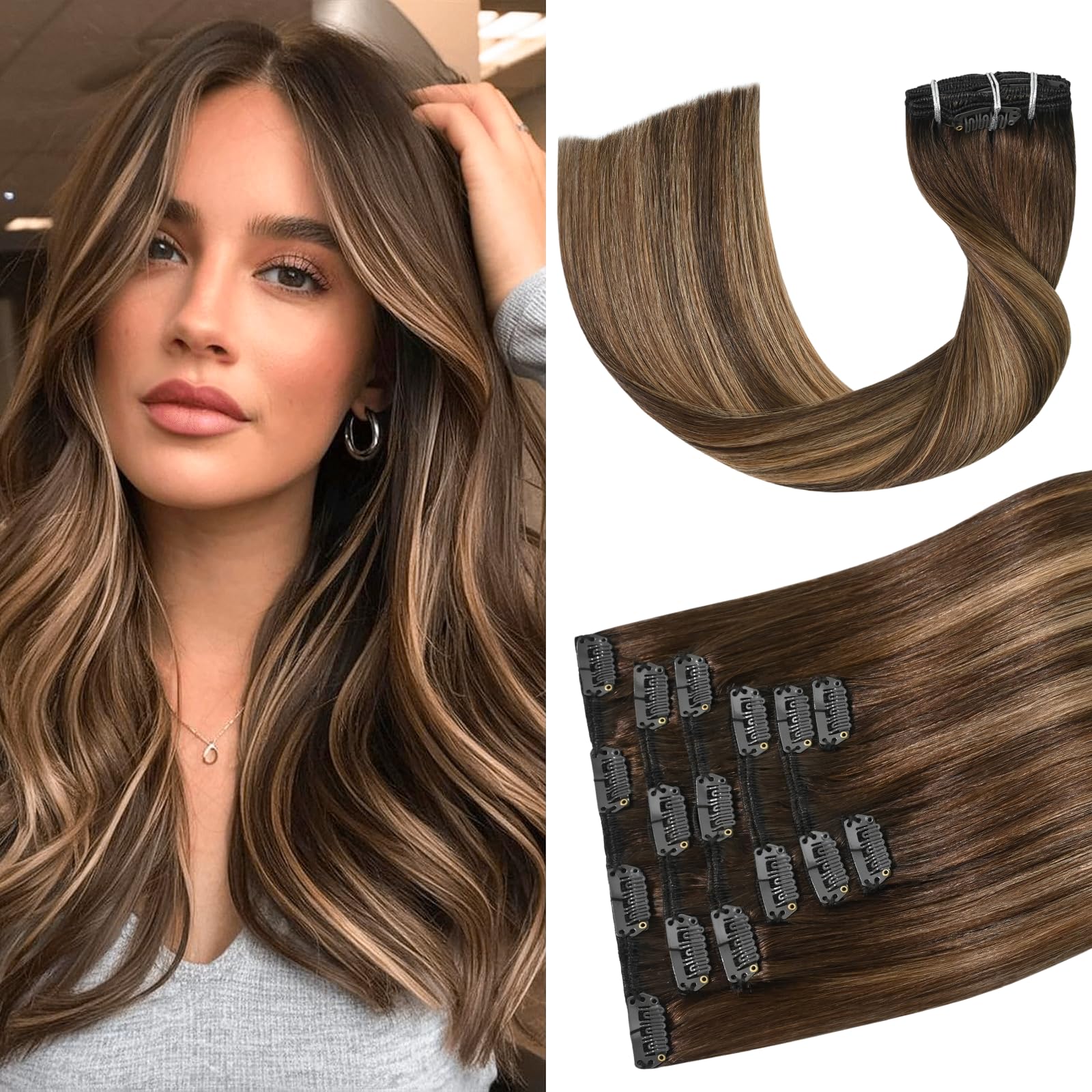 Aison Balayage Clip in Hair Extensions Real Human Hair, Ombre 100% Human Hair Extensions for Woman 12 inches 70g Highlights Clip ins