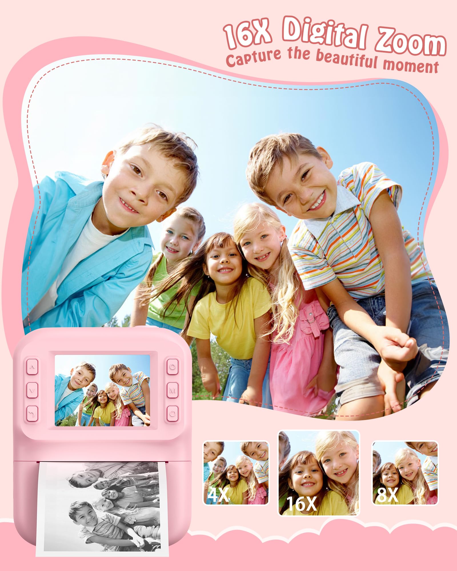 Macchina Fotografica Bambini, Schermo 2.4 HD Pollici e, Scheda da 32 GB e 3 Rotoli di Carta Fotografica, 1080P Macchina Fotografica Istantanea, Adatto Bambini dai 3 ai 12 Anni (Rosa)
