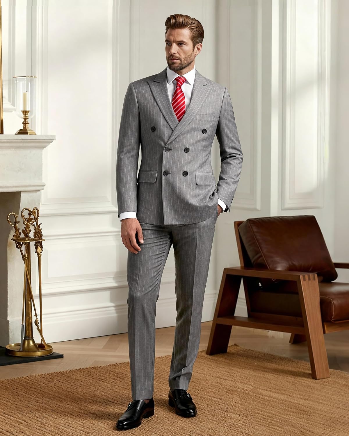 YND Men's 2 Piece Double-Breasted Suit, Slim Fit Stripe Tuxedo Set with Tie, Party Wedding Dress Blazer, Tux and Trousers - Image 3