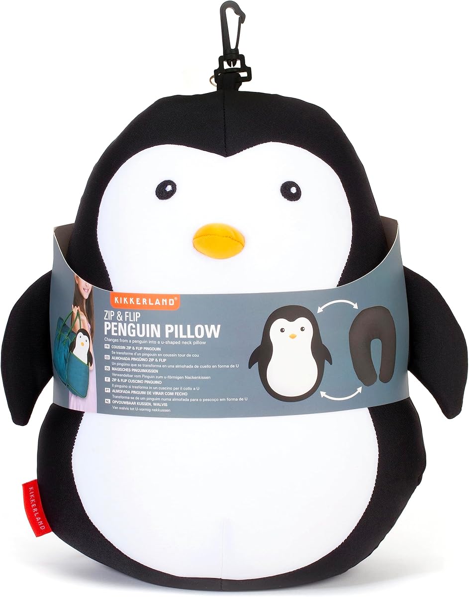 Kikkerland TT23 Almohada de viaje con cremallera y tapa, pingüino