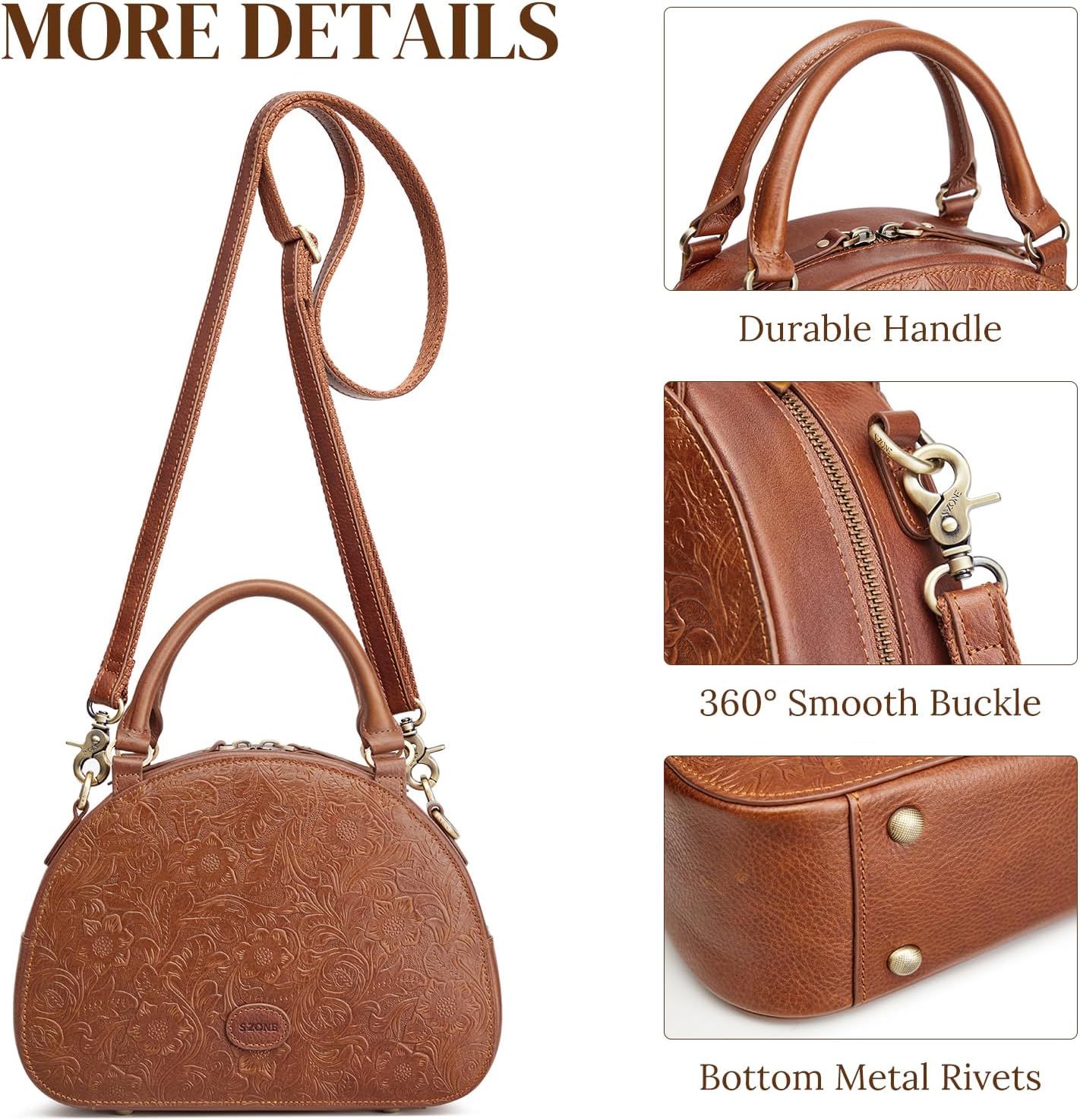 S-ZONE Leather Crossbody Bags for Women Vintage Handbag Top Handle Purse Designer Dome Satchel - Image 7