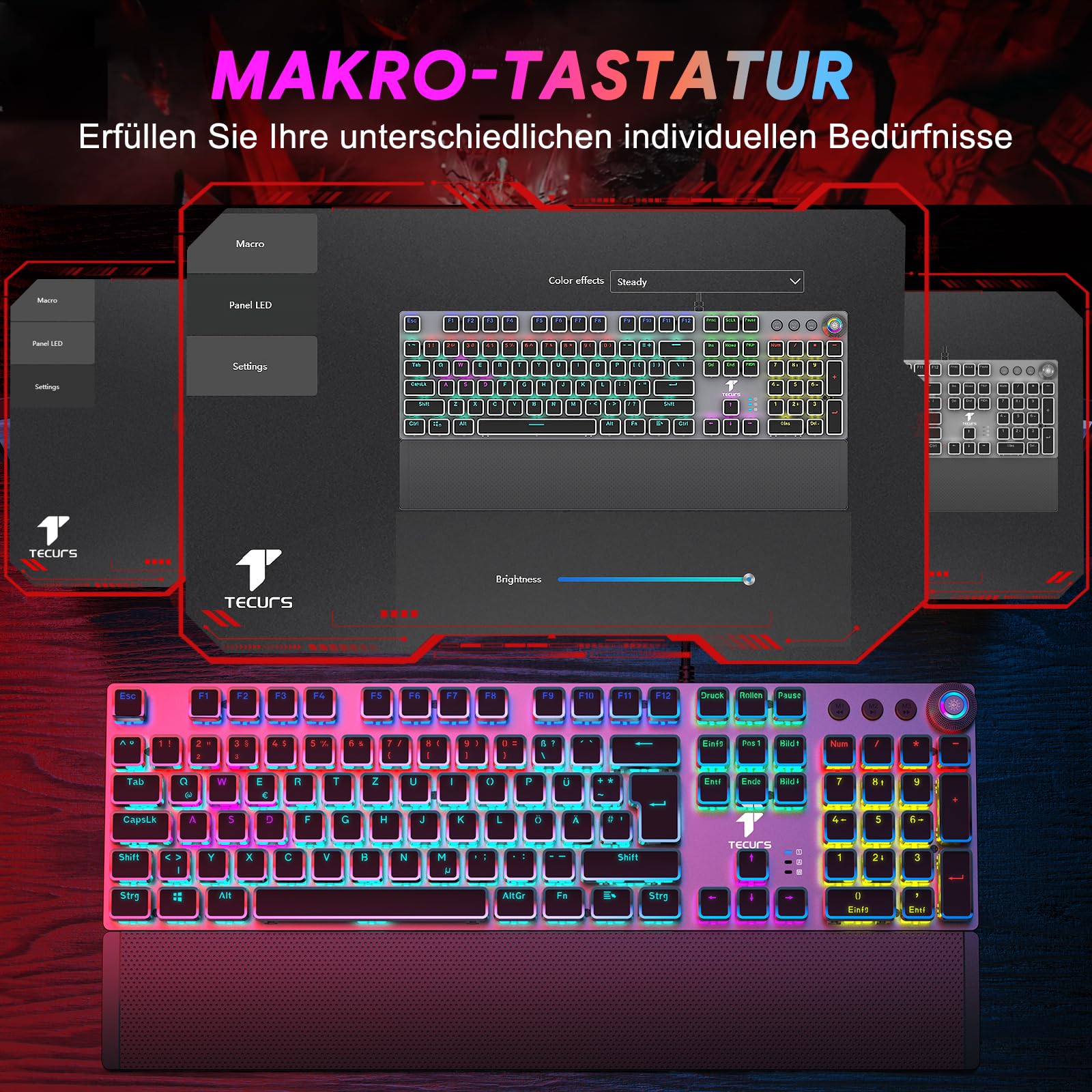 TECURS Mechanische Gaming Tastatur mit Magnetischer Handgelenkauflage & Red Switches, Beleuchtete QWERTZ Kabelgebundene Tastatur, 105 Tasten mit Anti-Ghosting & Multimedia-Drehregler für PC/PS5/PS4