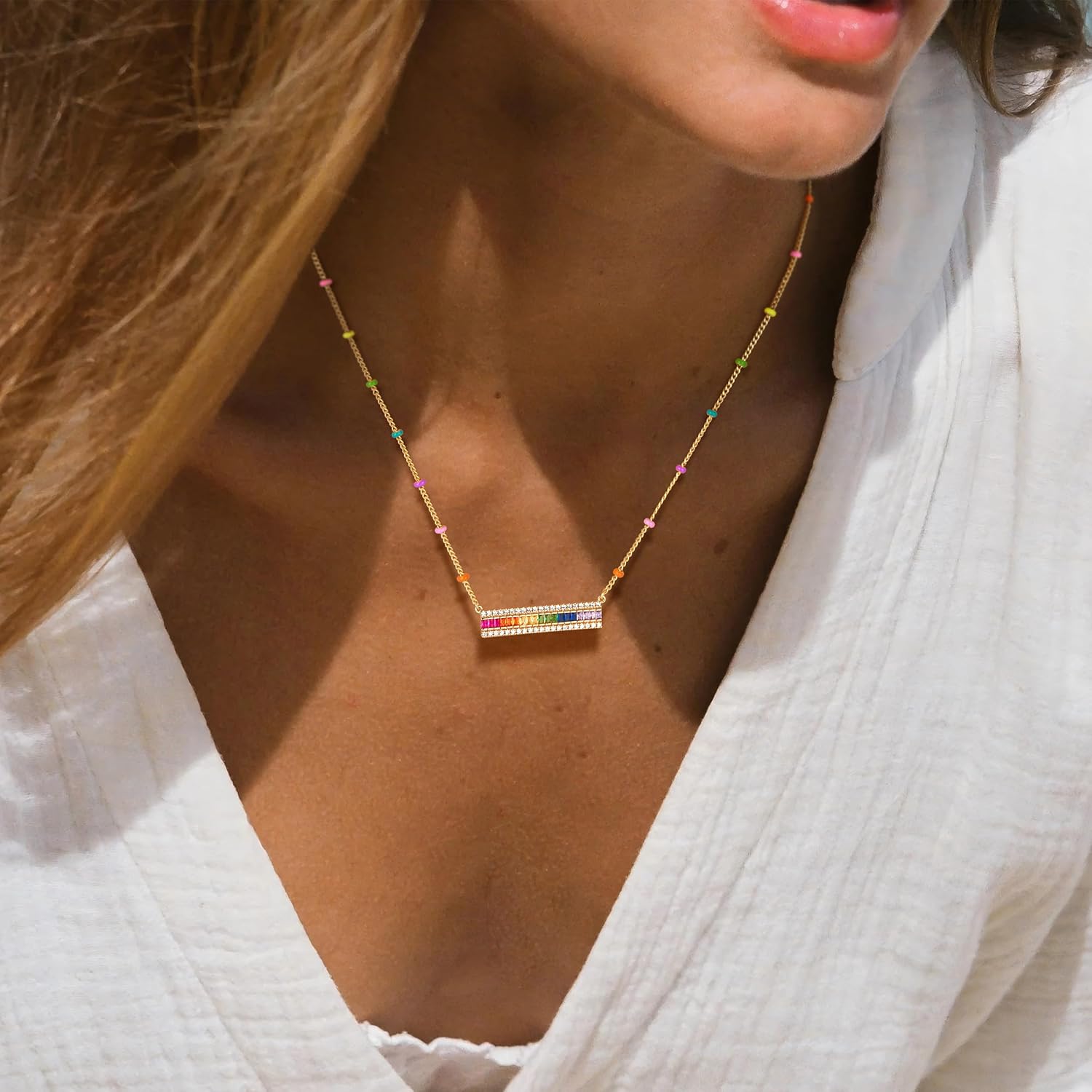 Fettero Dainty 14K Gold Plated Cubic Zirconia Necklaces for Women, Simple Bar Pendant Necklace, Mix-color Rainbow Jewelry Gold Necklace for Women Trendy Gifts - Image 3