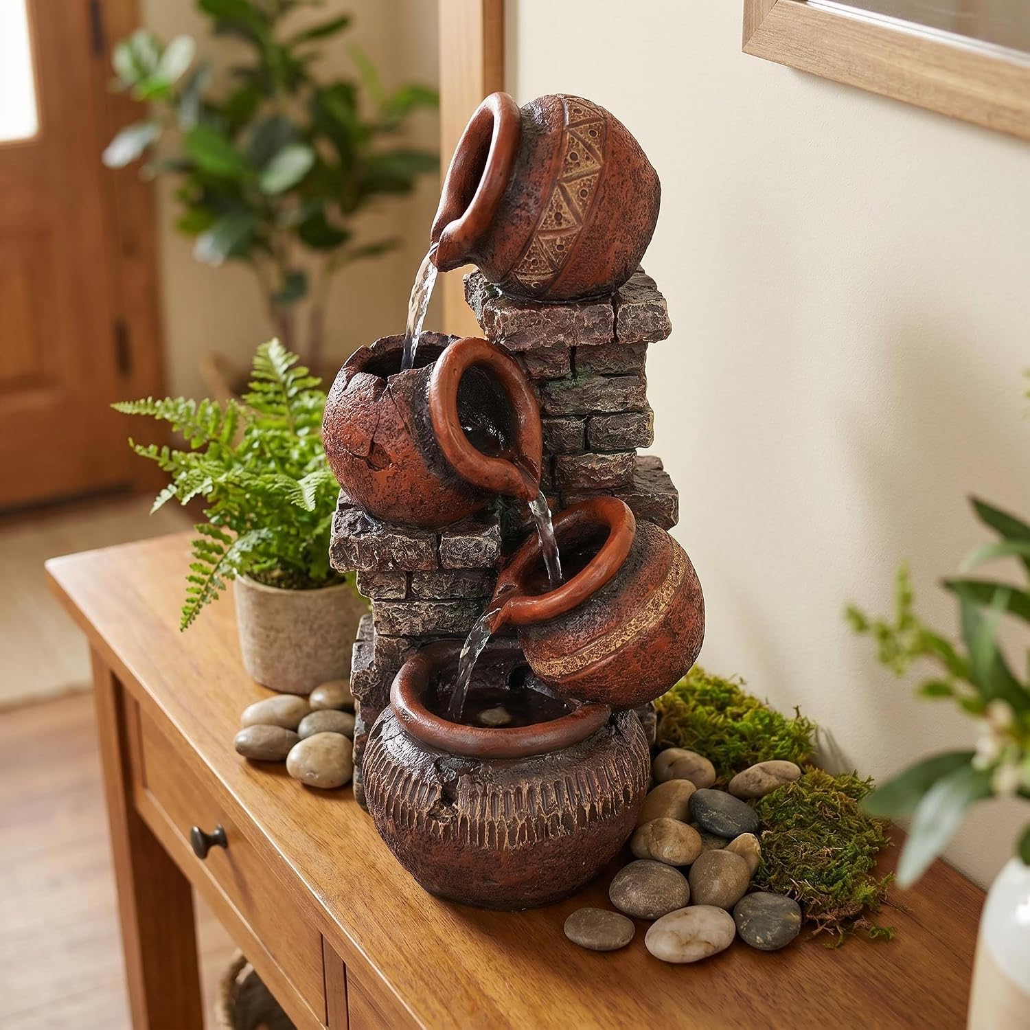Indoor Desktop Fountain with Led Light - Layered Rock Waterfall Fountain, 13.77 x 5.9 x 5.9 inches, Silent Tabletop Water Feature Decor for Relaxation