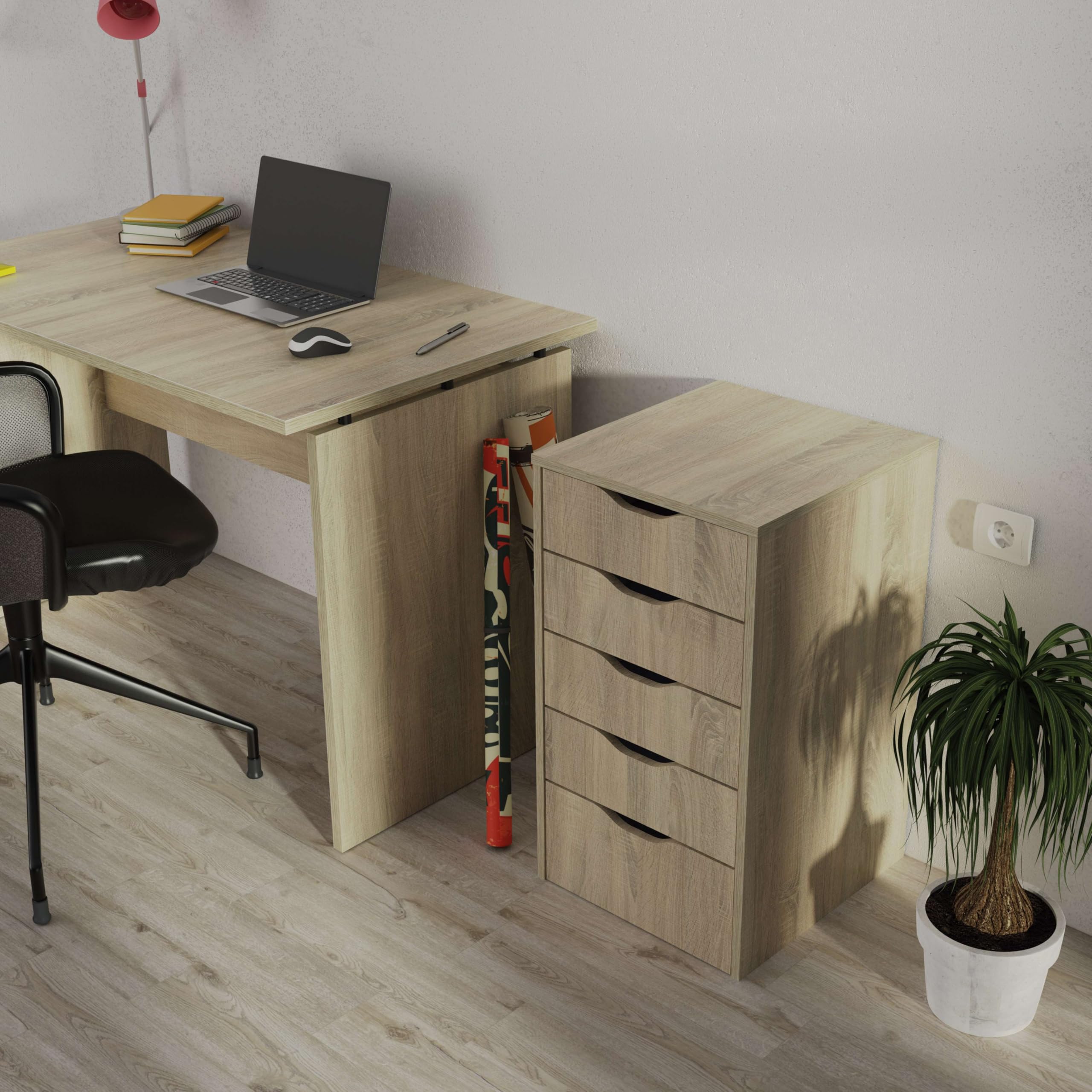 MUEBLES PITARCH | Cajonera de Oficinas Auxiliar de Despacho con 5 Cajones, Roble Cambrian, 71x40x43cm (Alto x Ancho x Fondo) Cajonera Baño, Colección Tibet