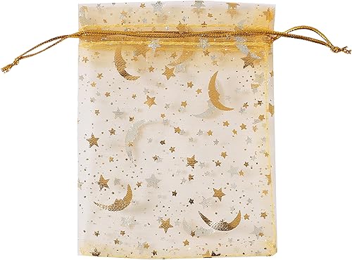 J&Rey Home - 100 bolsas decorativas de organza con cordón para el día de San Valentín, diseño de luna y estrella, pequeñas joyas de regalo (5 x 7