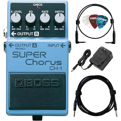 Boss CH-1 Super Chorus Bundle with Gearlux Power Supply, Instrument Cable, Patch Cable, and Picks
