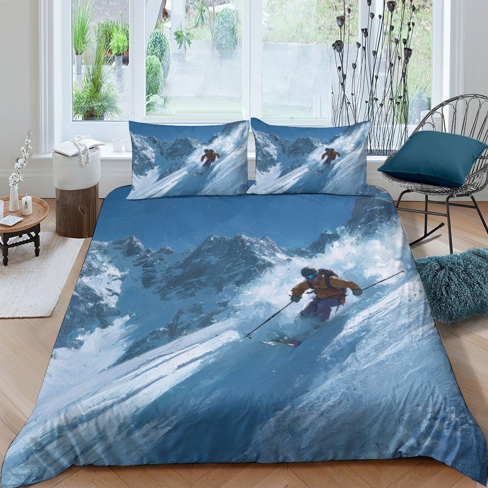 Ctjqhvkz Style-9 3D Printed Snow Mountain Fitted Sheet Microfiber Soft Blue Skiing Bed Cover For Bedroom Guest Room Protective Decor Single（135X200cm）