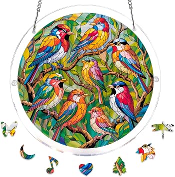 Acrylic Puzzle for Adults, Birds Stained Glass Style Acrylic Jigsaw Puzzle Suncatcher Window Hanging, DIY Sun Catcher Puzzle with Unique Irregular Pieces, Home Decor Gift for Women Mom