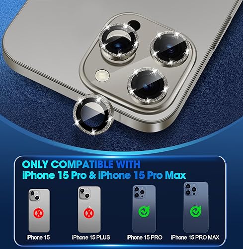 Miniatura 2 de Xfilm Protector de lente de cámara para iPhone 15 Pro  15 Pro Max Bling, anillo de metal individual con purpurina de dureza 9H, protector a prueba