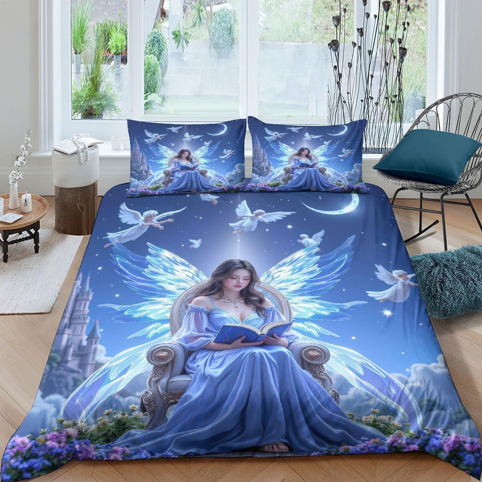 Ctjqhvkz Style-2 3D Printed Blue Fairy Fitted Sheet Microfiber Soft Duvet Celestial Moon Bed Cover For Bedroom Guestroom Decor Single（135X200cm）