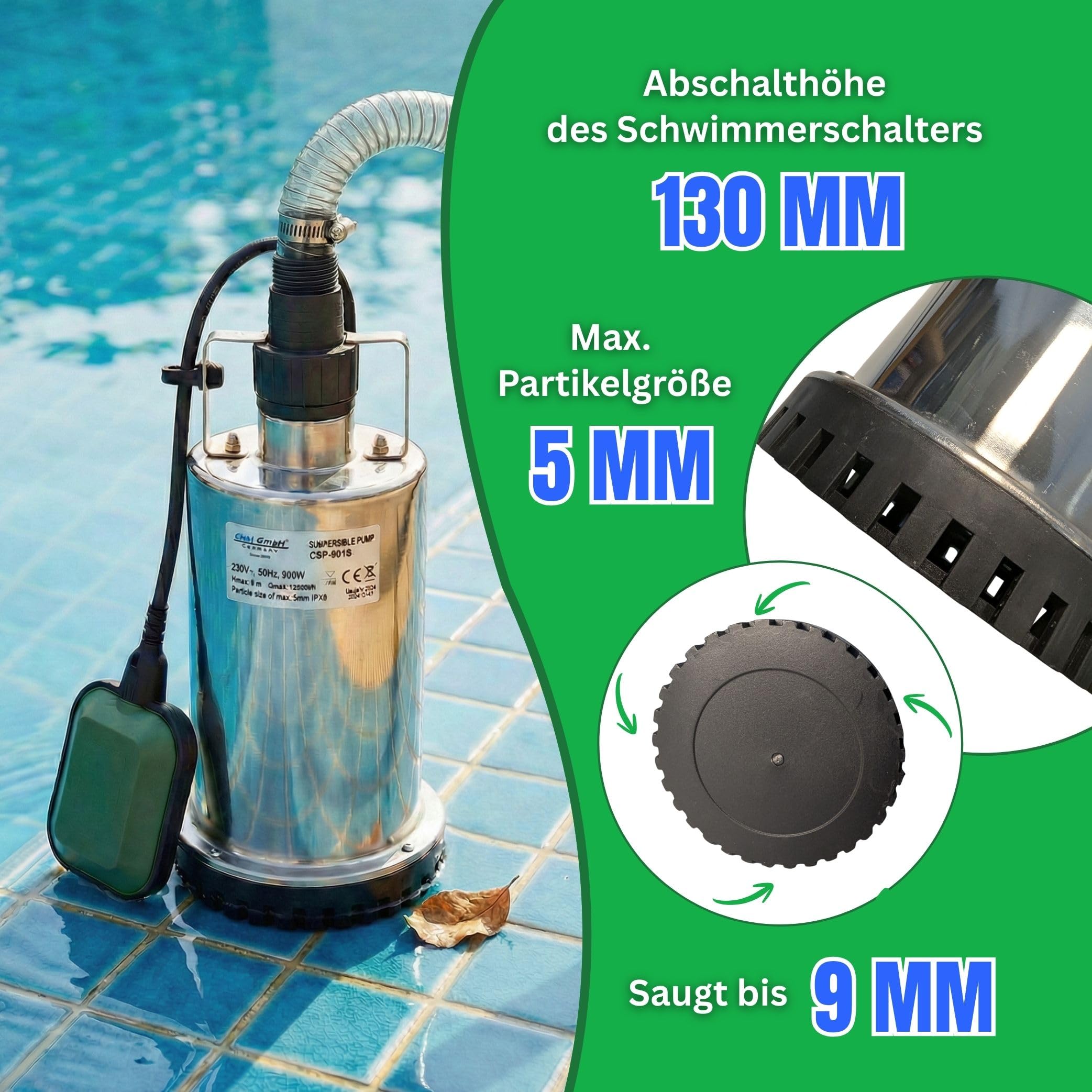 Flachsaugende Edelstahl Tauchpumpe 900 Watt Schmutzwasser geeignet Fördermenge und Hubhöhe 12500l/h 9 Meter mit Schwimmschalter und Dauerbertieb funktion