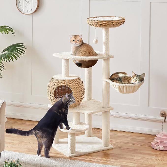 Árbol para gatos moderno de ratán 54 pulgadas beige miniatura 2