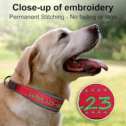 Miniatura 2 de Collar de perro personalizado, nombre bordado y número de teléfono, collar de nailon reflectante personalizado para mascotas, ajustable con