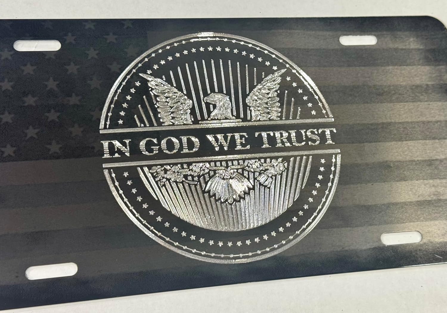 in God We Trust Combo US Flag & Diamond Etched Car Tag Vanity Front License Plate