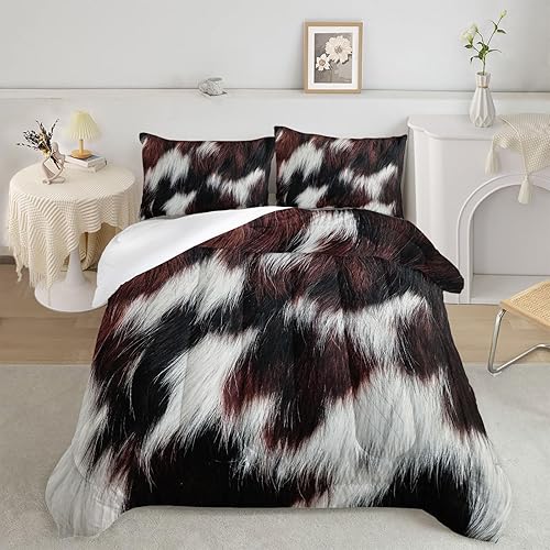 Miniatura 2 de Juego de edredón de piel de vaca marrón occidental, juego de ropa de cama con estampado de vaca marrón y blanco, edredón de plumón de animales de