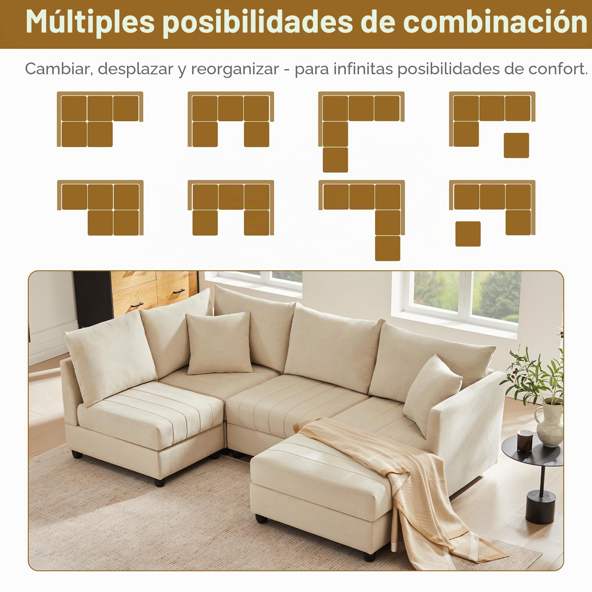 Kebnor Sofá de esquina moderno con rayas verticales, sofá de 5 plazas, con reposapiés convertible, sofá en forma de L, en forma de U, adecuado para sala de estar, apartamento, etc. (Beige)